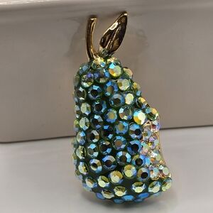 Vintage Suzanne Bjontegard Pear Brooch Green Iridescent and AB Rhinestones